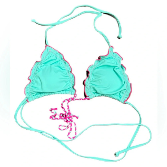 BIKINI TOP - HALTER STYLE  AQUA/HOT PINK LETTUCE TRIM STRING - Picture 3 of 5